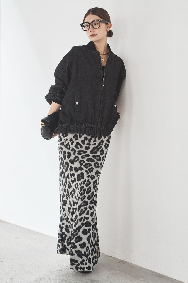[SET]袖シャーリング裾フリルデニムブルゾン+レオパードサテンナロースカート(2set)
