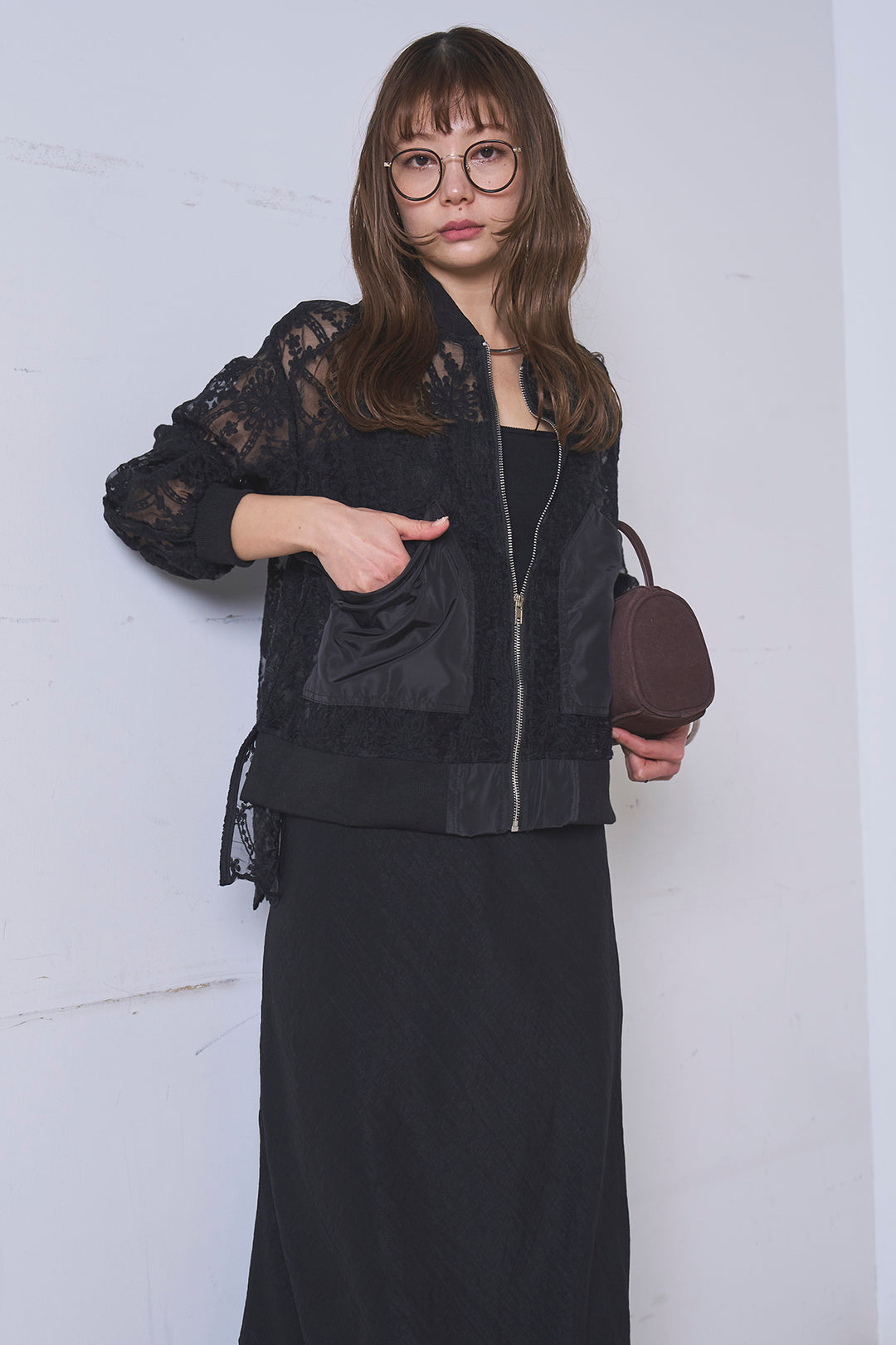 [SET]ノーカラーレースブルゾン+リネンブレンドロングナロースカート(2set)