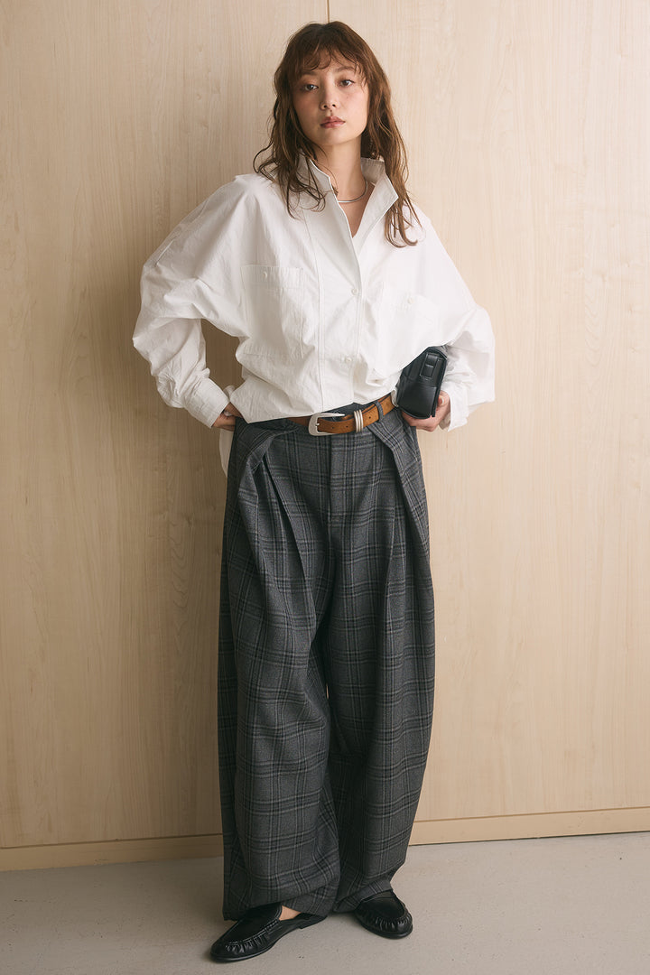 [SET]ワイドシルエットポケット付きシャツ+ブリティッシュチェックバレルパンツ(2set)