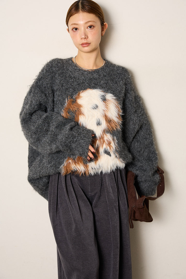 [SET]シャギーニュアンスアニマルニット+ベルトループコーデュロイワイドパンツ(2set)