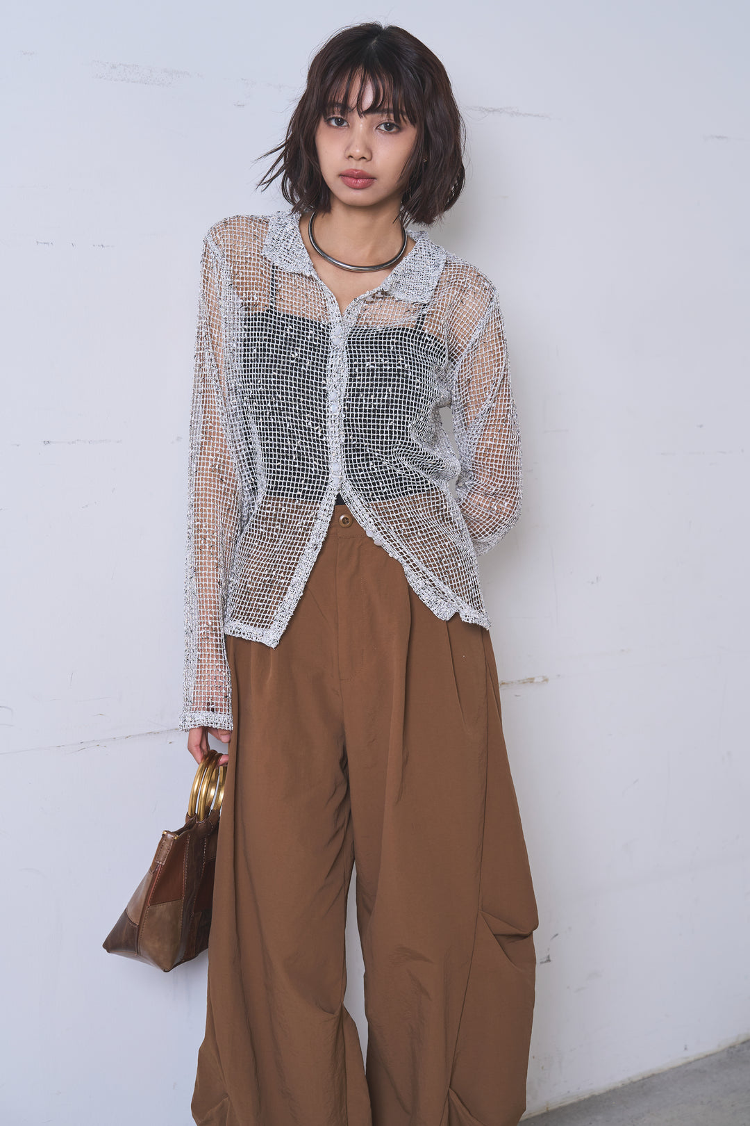 [SET]ネップメッシュポロ襟カーディガン+ドライタフタタックバレルパンツ(2set)