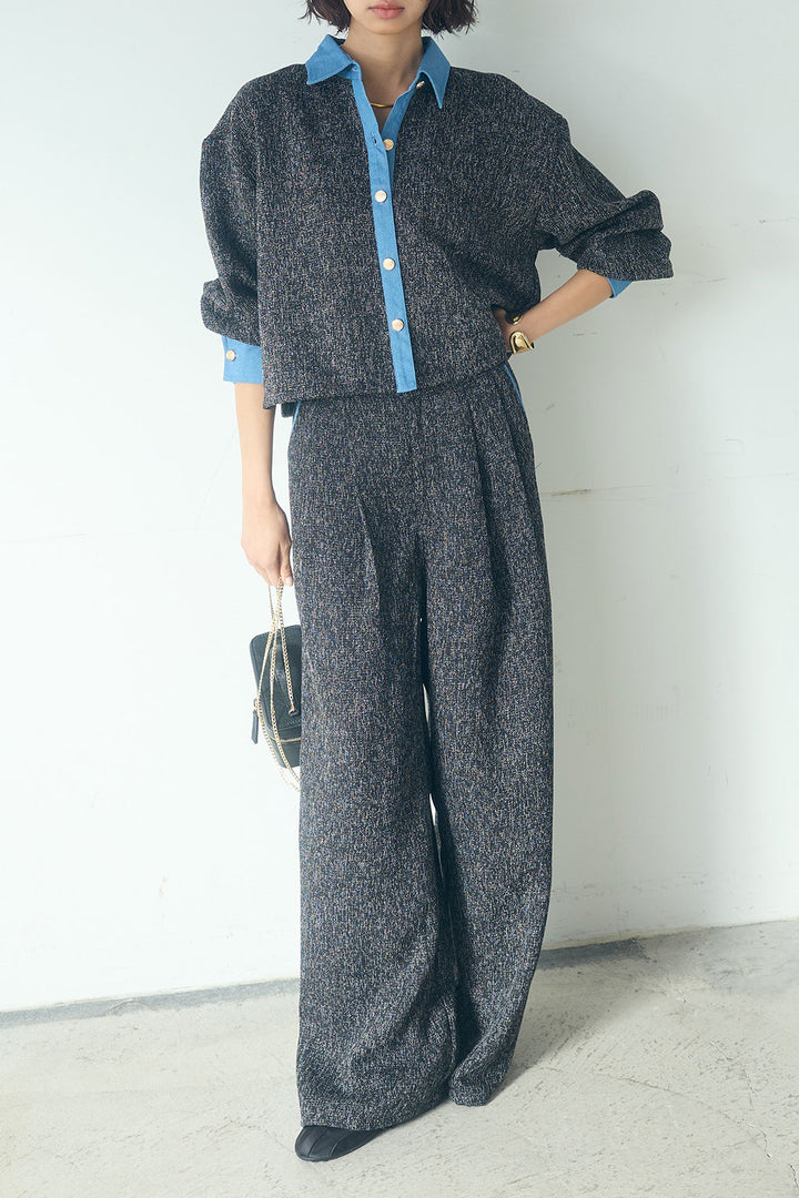 [SET]ツイード×デニムショート丈シャツ+ツイード×デニムハイウエストラインロングパンツ(2set)