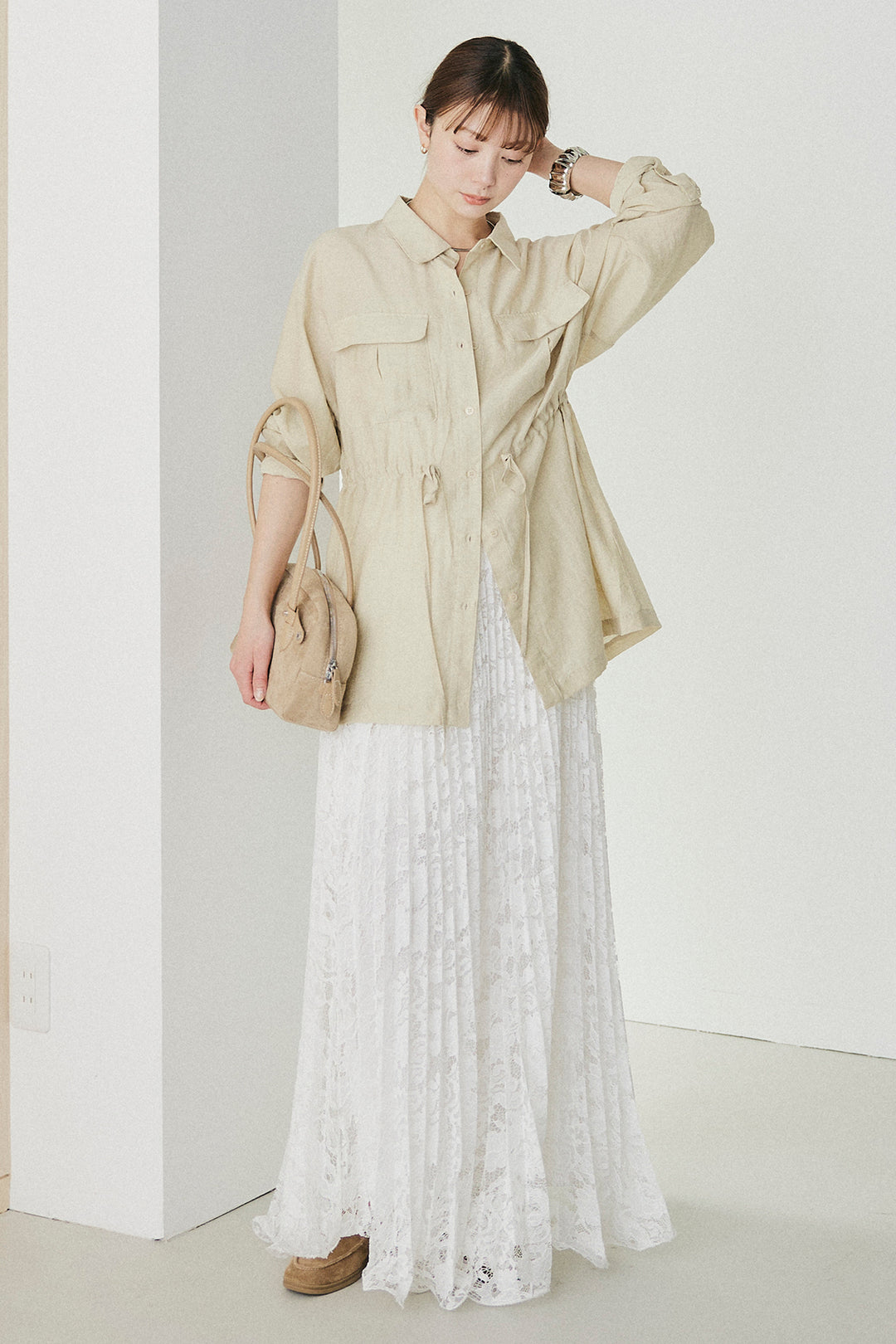 [SET]リネンブレンドシアーサファリシャツ+リラックスプリーツスカート(2set)