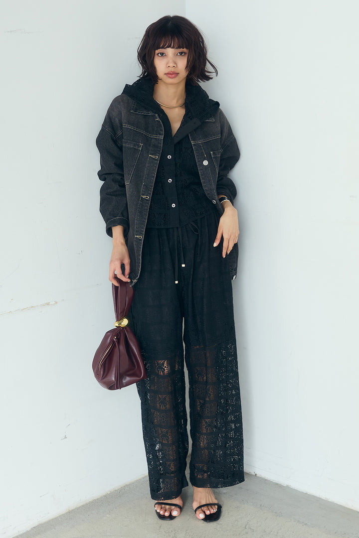 [SET]パッチワークレースショート丈フードシャツ+パッチワークレースイージーパンツ(2set)