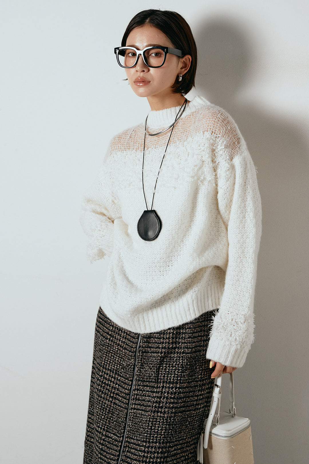 [SET]パターンランダム編みニットトップス+グレンチェック柄フロントジップタイトスカート(2set)