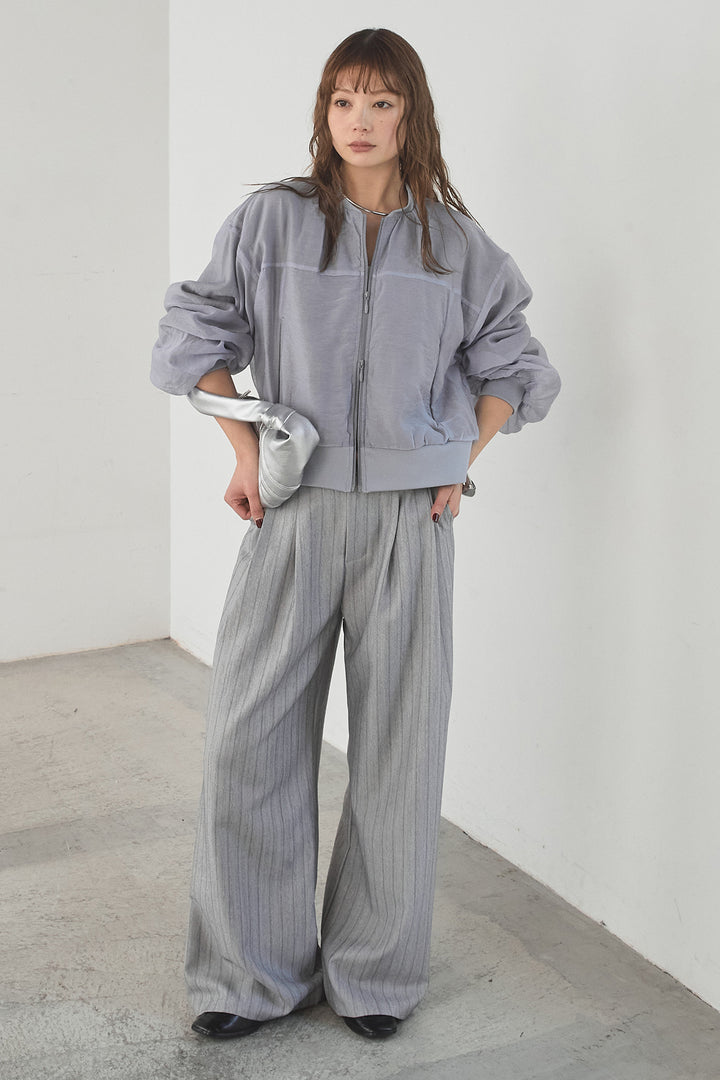 [SET]シアー×ポンチブルゾン+細ベルト付きピンストライプワイドパンツ(2set)