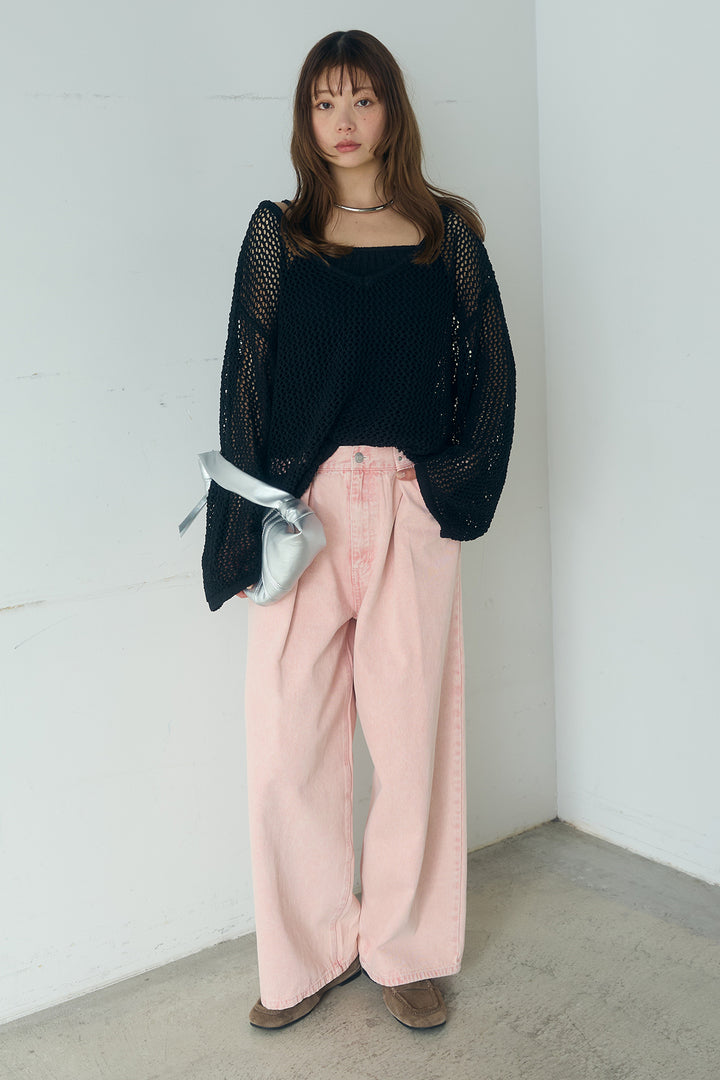 [SET]メッシュ編みビスチェセットVネックプルオーバー+カラーデニムタックカーブパンツ(2set)