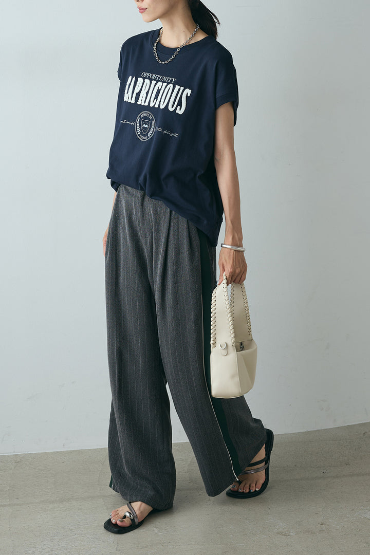 [SET]サガラ刺繍フレンチスリーブTシャツ+ピンストライプサイドラインワイドパンツ(2set)