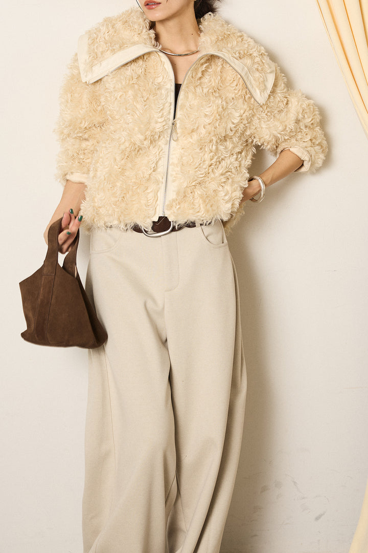 [SET]ビッグカラープードルボアアウター+編みベルト付きワイドパンツ(2set)