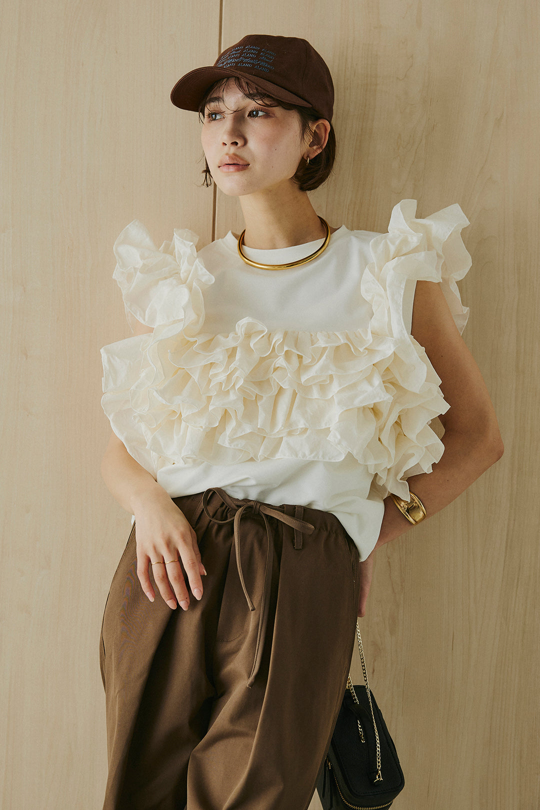 [SET]天竺ナイロンドッキングビスチェ風トップス+ニーサイドタックウエストドロスパンツ(2set)