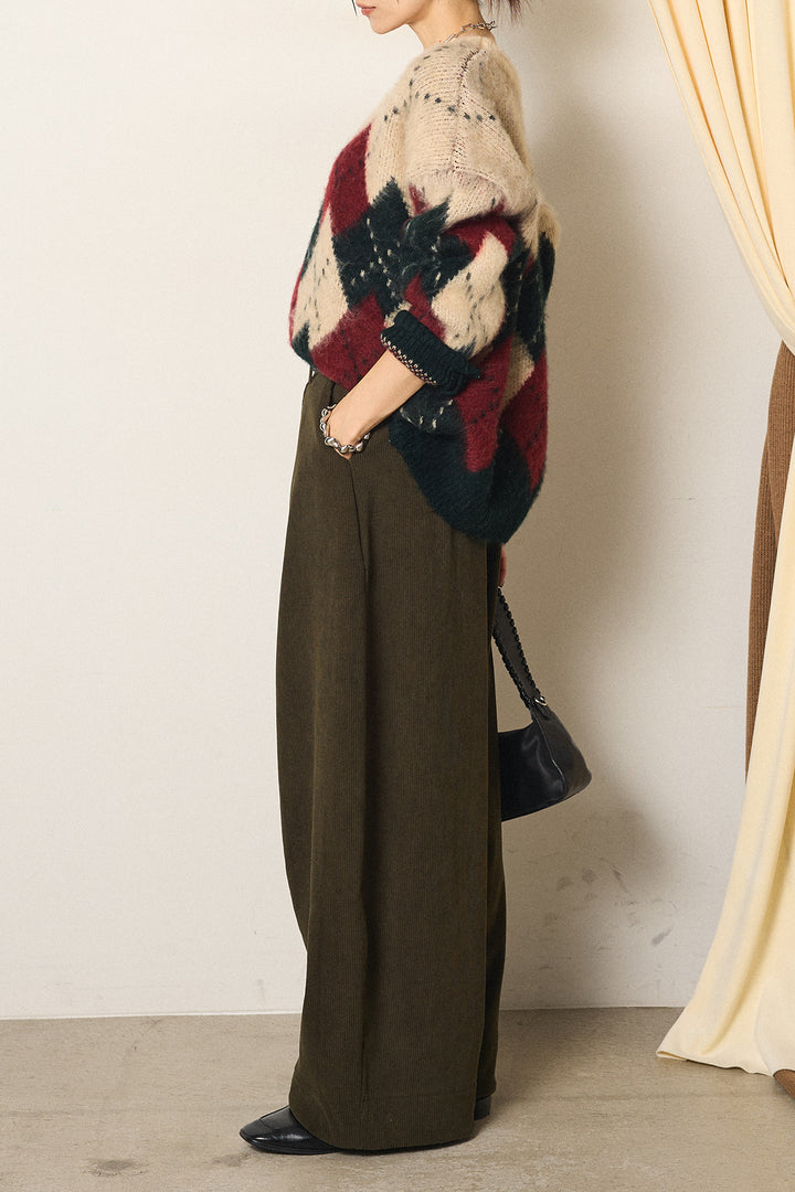 [SET]配色アーガイル柄ニットトップス+ベルト付きコーデュロイワイドパンツ(2set)