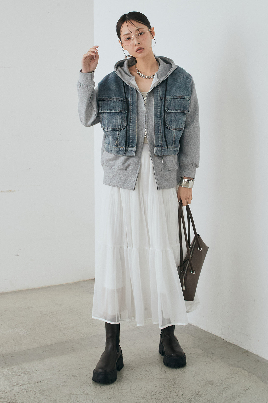 [SET]デニム切替ポンチダブルジップパーカー+ボリュームシルエットチュールスカート(2set)