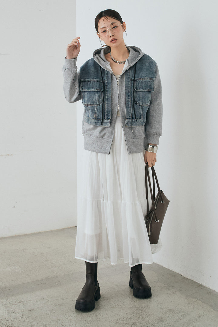 [SET]デニム切替ポンチダブルジップパーカー+ボリュームシルエットチュールスカート(2set)