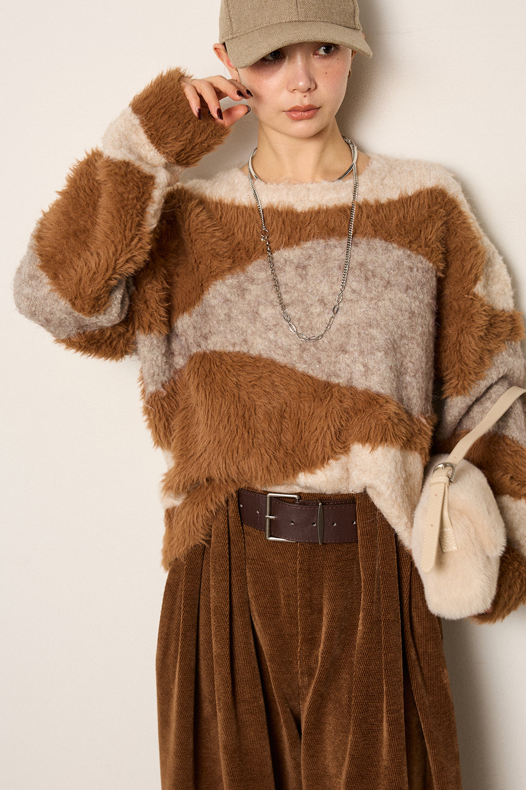 [SET]シャギーウェーブ柄クルーネックニットトップス+ベルトループコーデュロイワイドパンツ(2set)