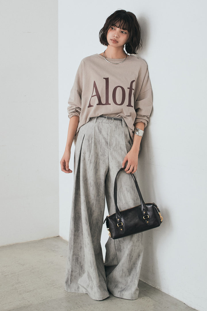 [SET]裾センタードロストロゴプリントワイドTシャツ+紐ベルト付きかすれ柄ワイドスラックス(2set)