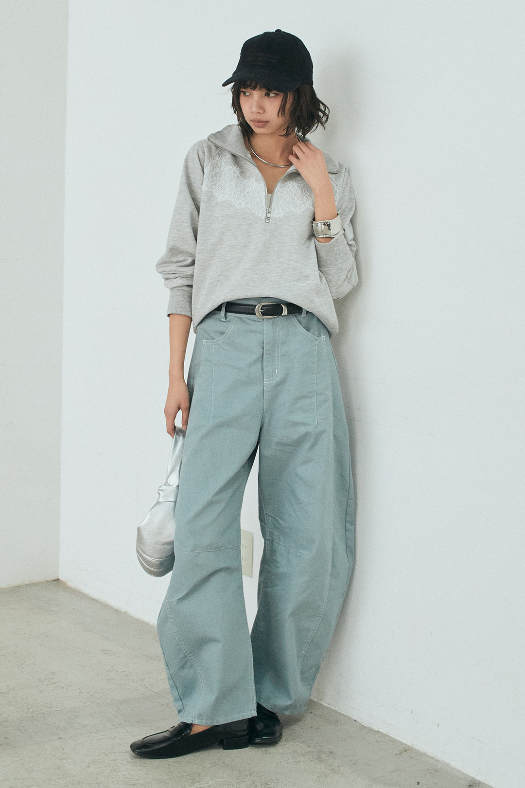 [SET]リバーレースハーフジップ裏毛スウェット+ツイル配色ステッチバレルパンツ(2set)