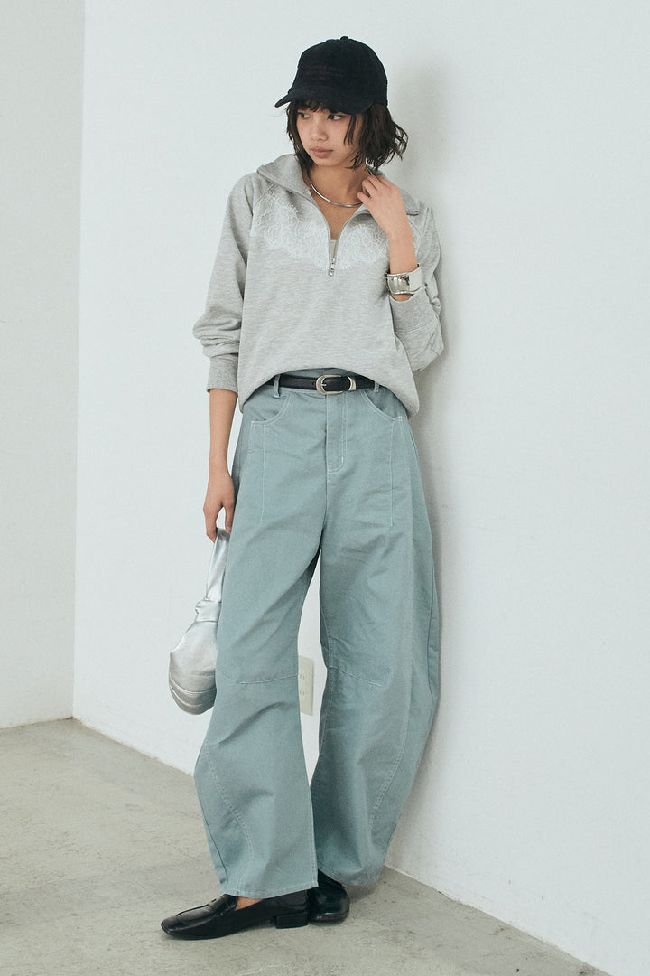 [SET]リバーレースハーフジップ裏毛スウェット+ツイル配色ステッチバレルパンツ(2set)