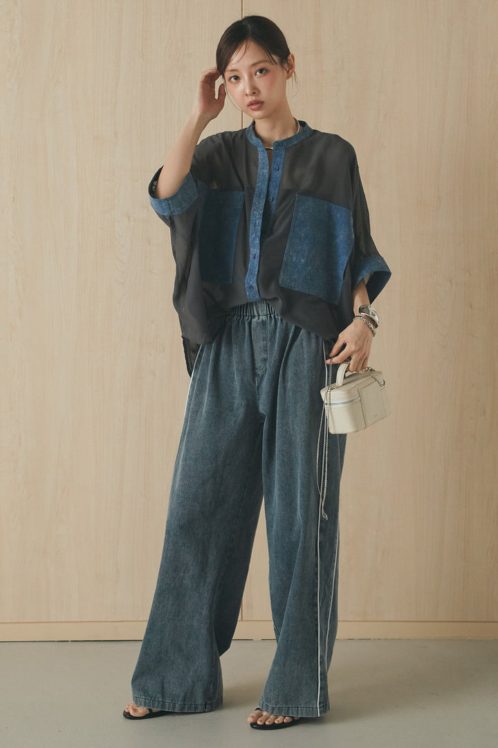 [SET]デニムライクビッグツーポケシアーシャツ+ドロストサイドラインデニムパンツ(2set)