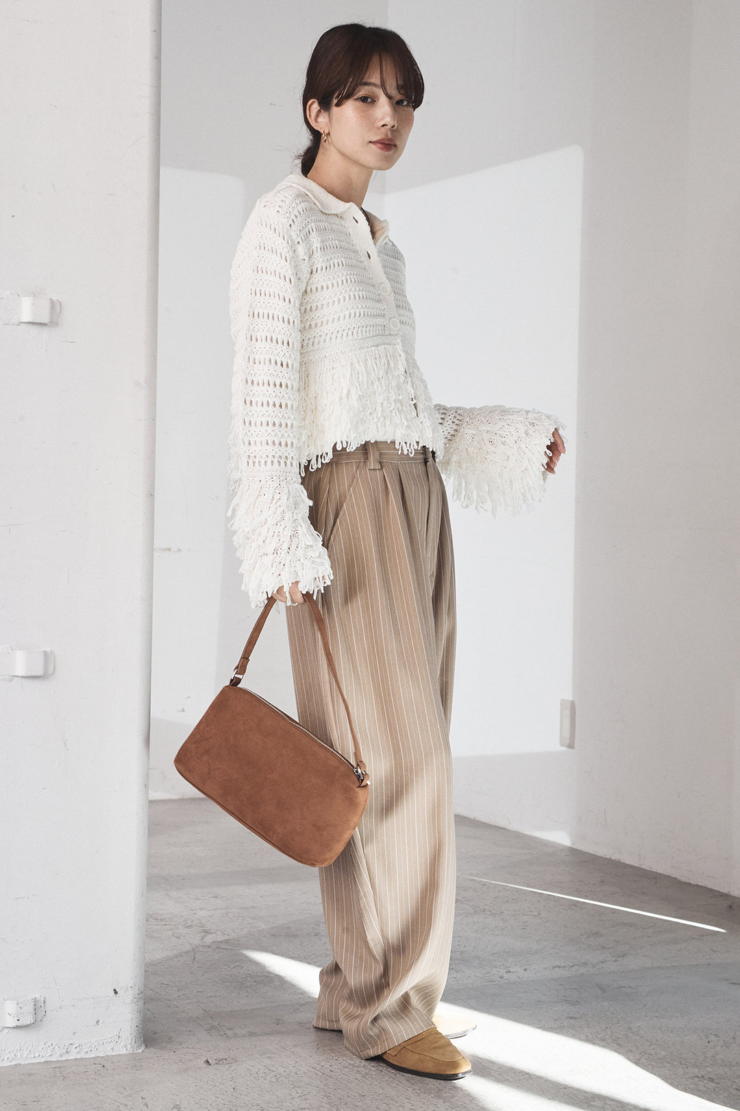 [SET]メッシュフリンジカーディガン+ヘリンボーンストライプツータックパンツ(2set)