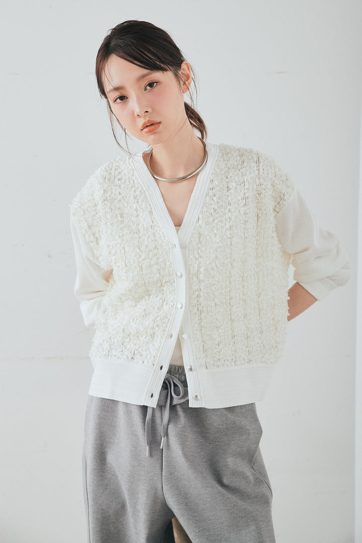 [SET]モコレースVネックカーディガン+カットダンボールウエストフリルカーブパンツ(2set)