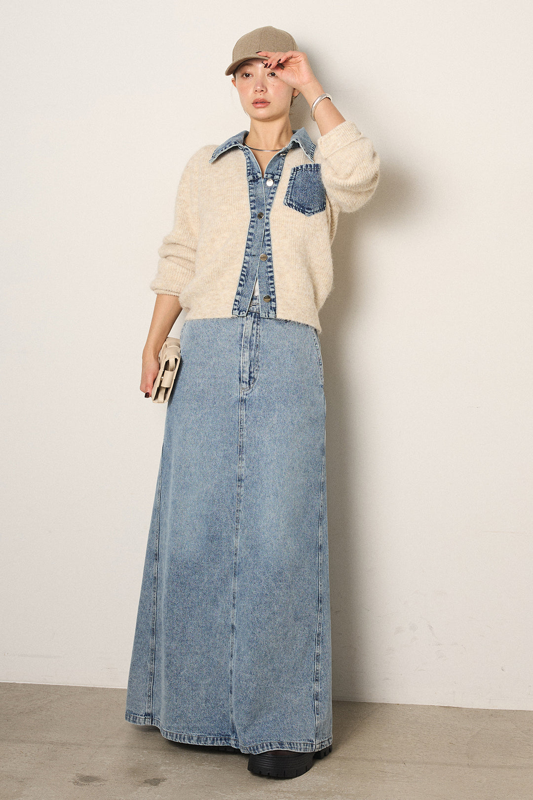 [SET]襟付きデニム切替ニットカーディガン+デニムロングフレアスカート(2set)
