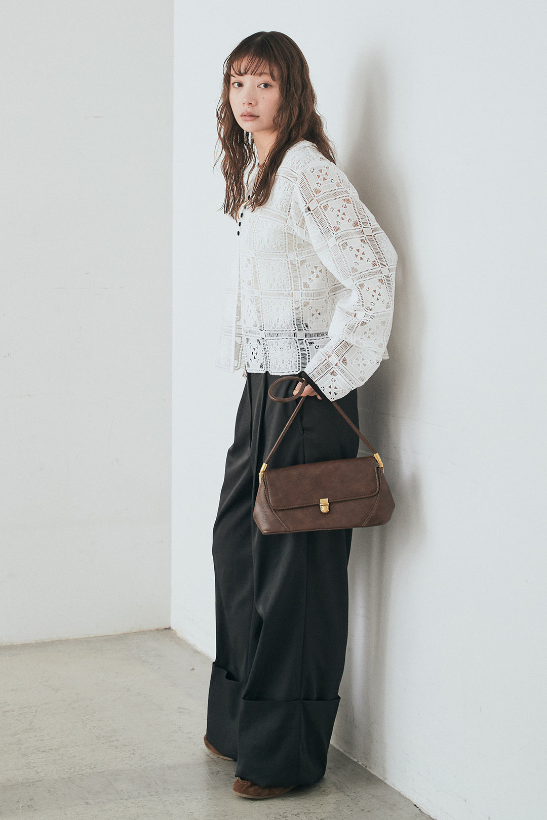 [SET]クロシェレースカーディガン+センタープレスセミワイドパンツ(2set)