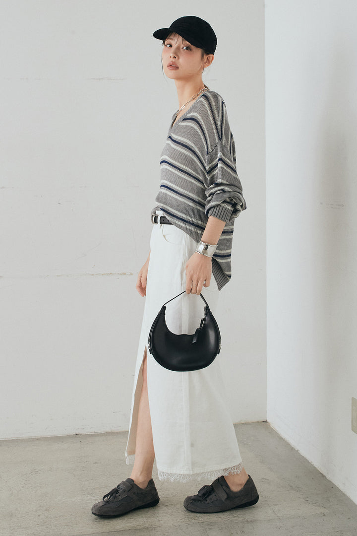 [SET]綿タッチVネックボーダートップス+裾レースデザインデニムスカート(2set)