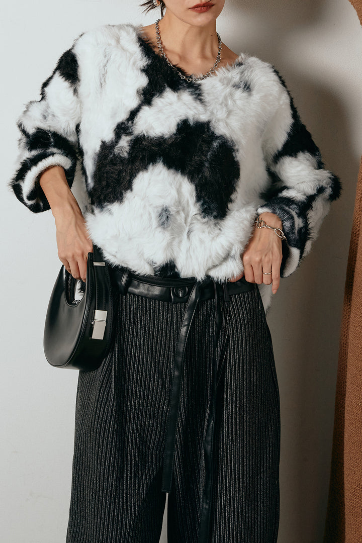 [SET]タイダイ柄シャギーニットトップス+レザーライク配色ストライプパンツ(2set)