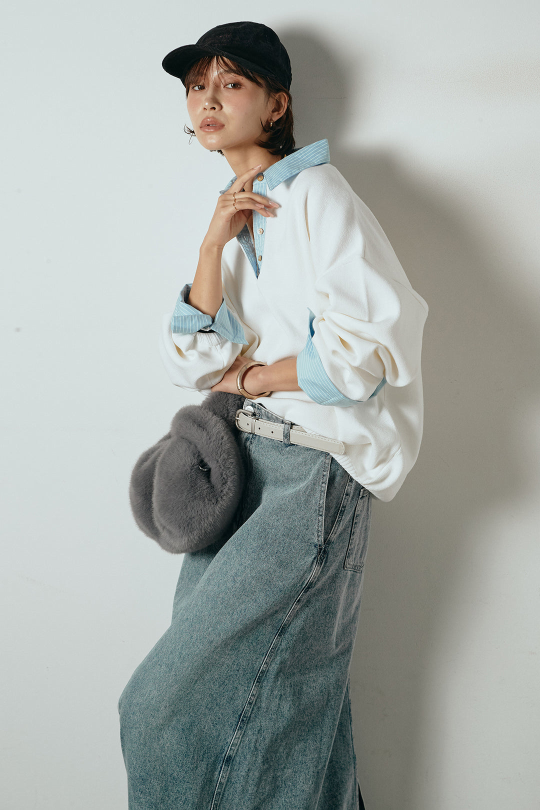 [SET]ストライプシャツドッキングポロトップス+デニムロングフレアスカート(2set)