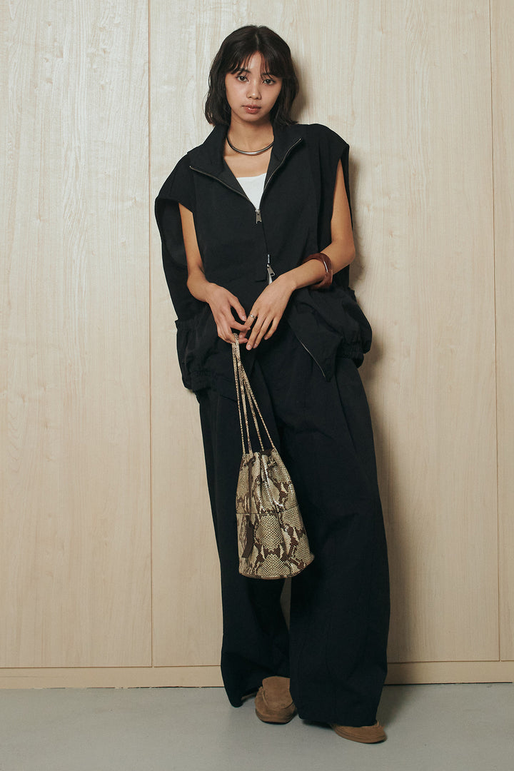 [SET]ショルダー切替スタンドネックジップベスト+コットンポリツータックセンターシームカーブパンツ(2set)