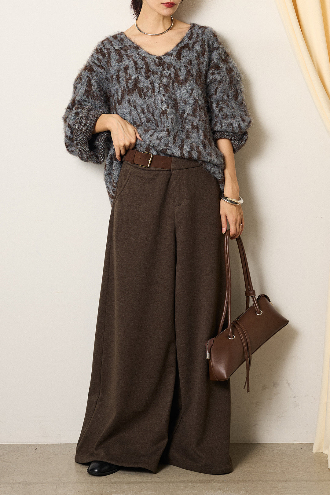 [SET]フラッフィーレオパードシャギーニット+サイドベルトパンツ(2set)