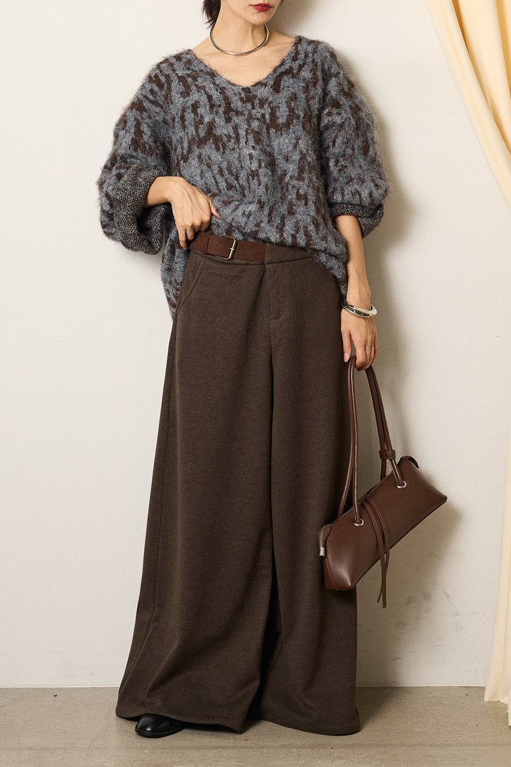 [SET]フラッフィーレオパードシャギーニット+サイドベルトパンツ(2set)
