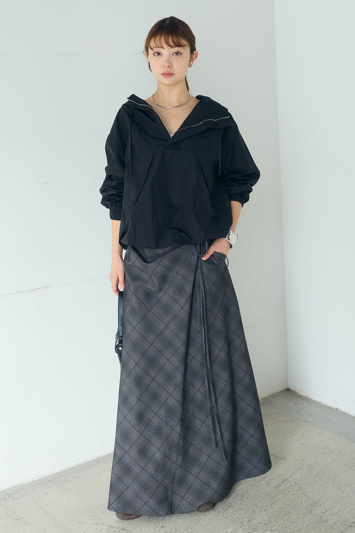 [SET]ナイロンフーディーブルゾンアウター+タータンチェック柄フロントデザインスカート(2set)