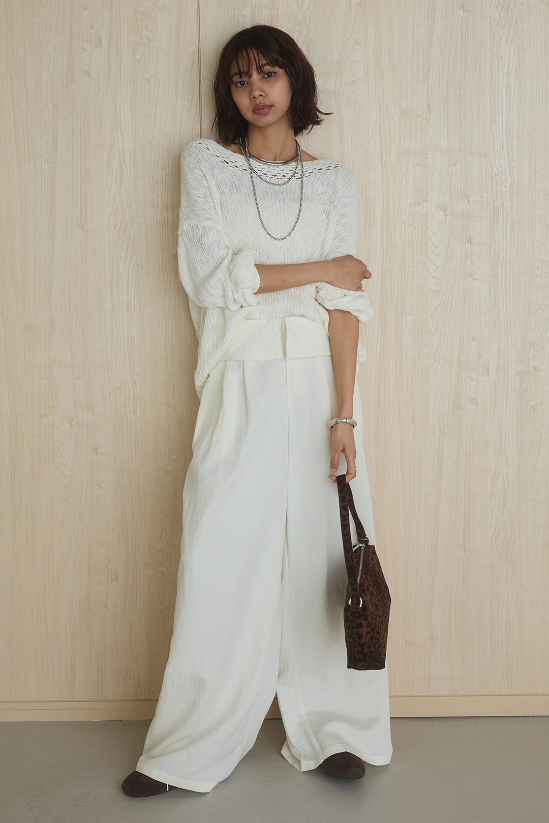[SET]ネック編みデザインニットトップス+ウエスト折り返しワイドパンツ(2set)