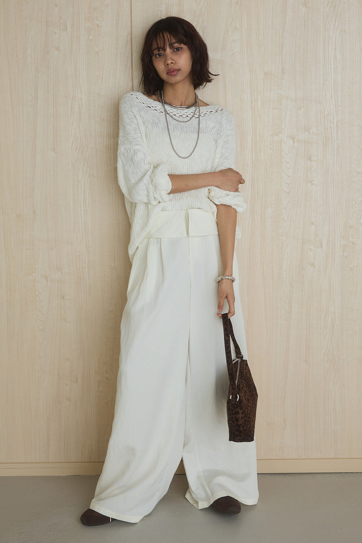 [SET]ネック編みデザインニットトップス+ウエスト折り返しワイドパンツ(2set)