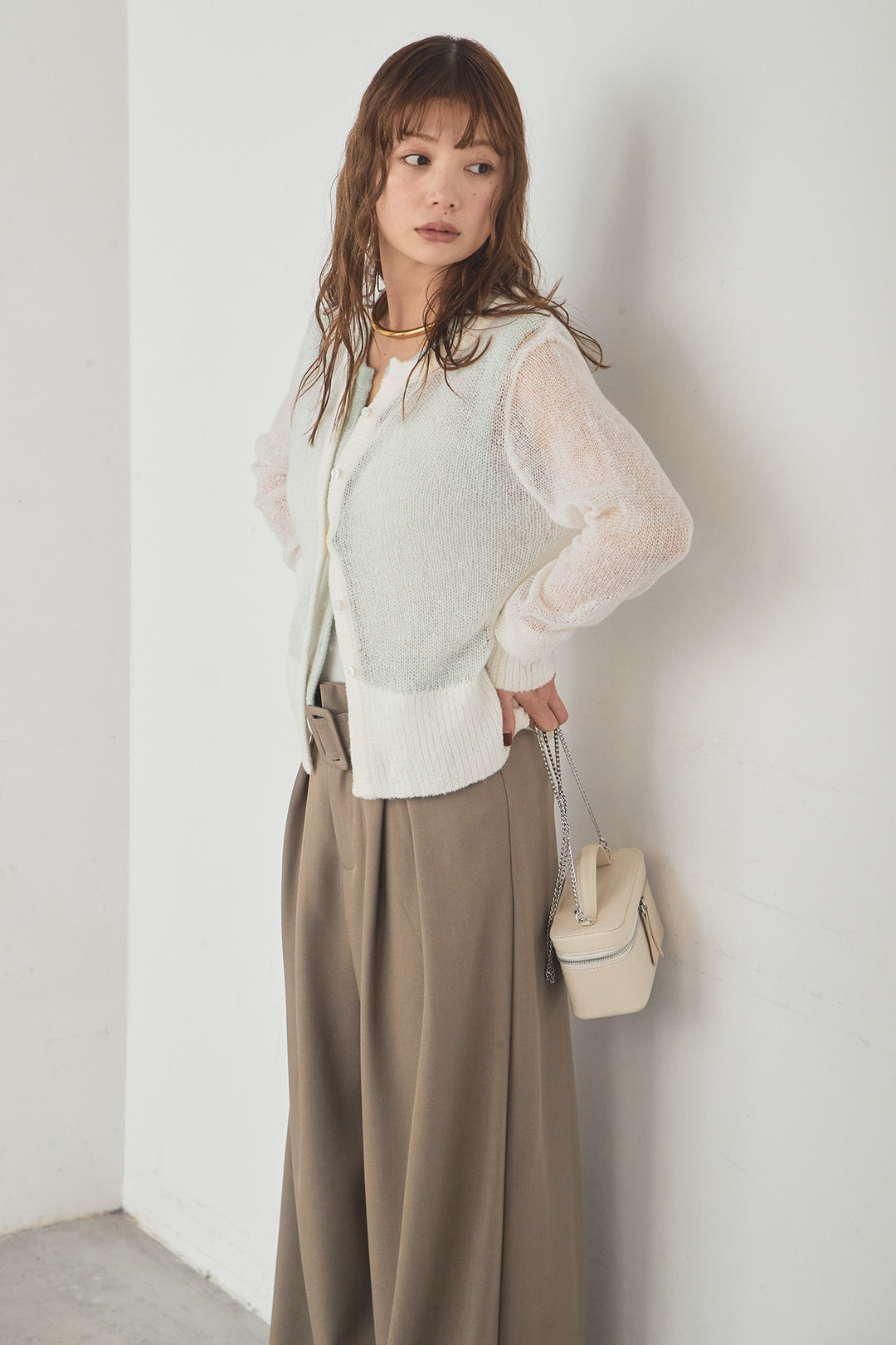 [SET]モヘア透かし編みレイヤードアンサンブルセット+ベルト付きツータックワイドパンツ(2set)