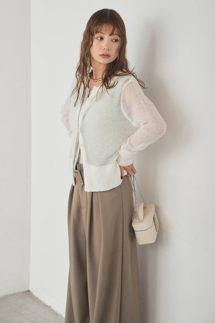 [SET]モヘア透かし編みレイヤードアンサンブルセット+ベルト付きツータックワイドパンツ(2set)