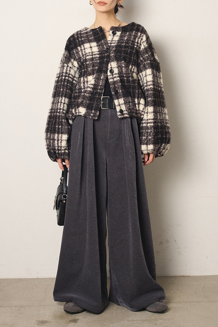 [SET]ノーカラーチェック柄ボアブルゾン+ベルトループコーデュロイワイドパンツ(2set)