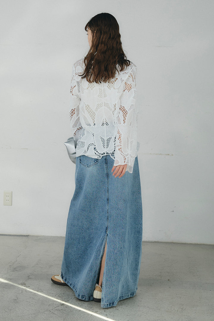 [SET]フラワー刺繍レースブラウス+デニムロングフレアスカート(2set)