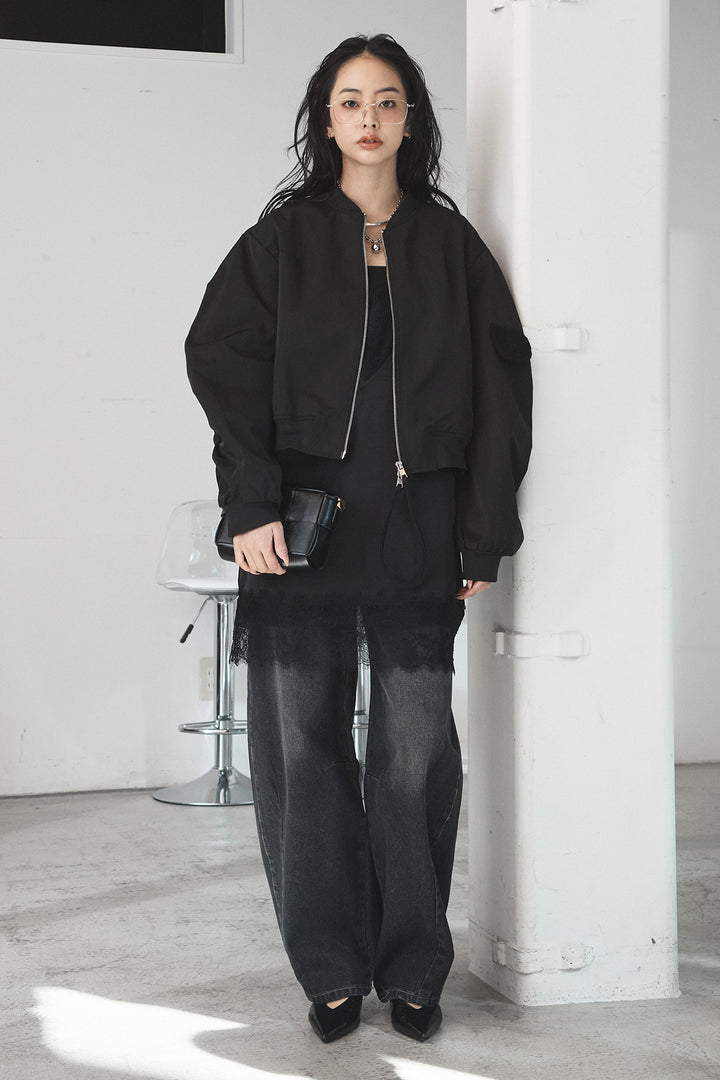 [SET]袖ギャザーデザインブルゾン+レース切り替えキャミソール+デニムアシメカーブパンツ(3set)