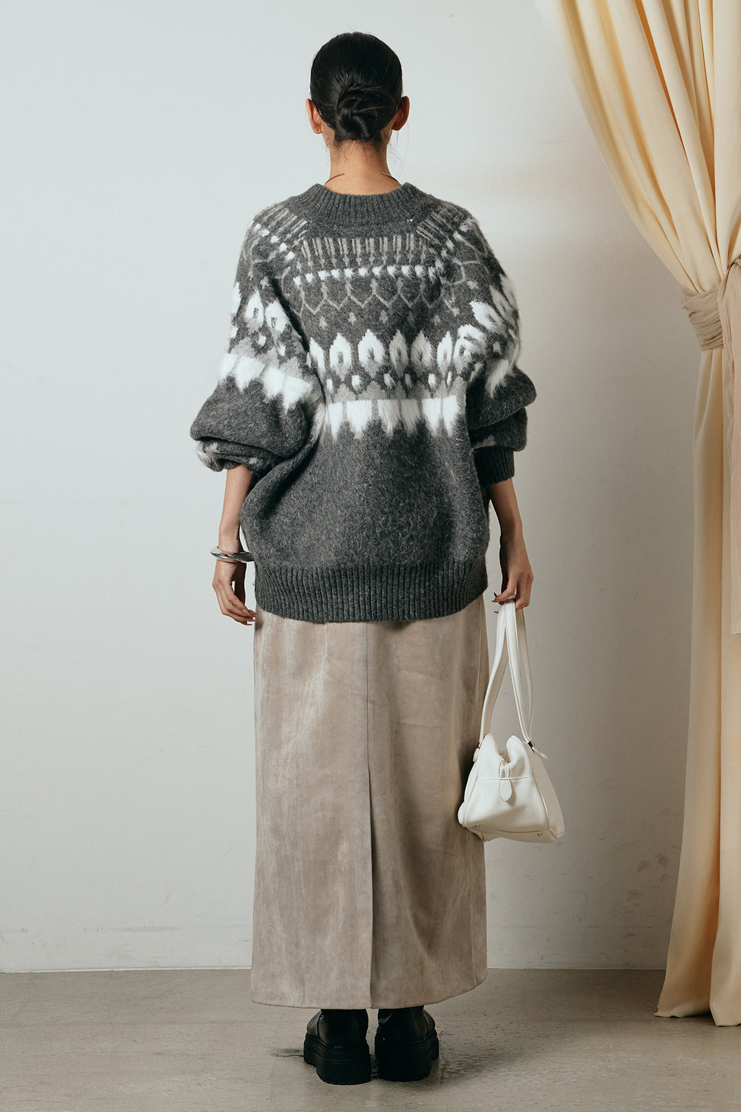 [SET]起毛ダブルジップパターンニットカーディガン+エコスウェードワイドスカート(2set)