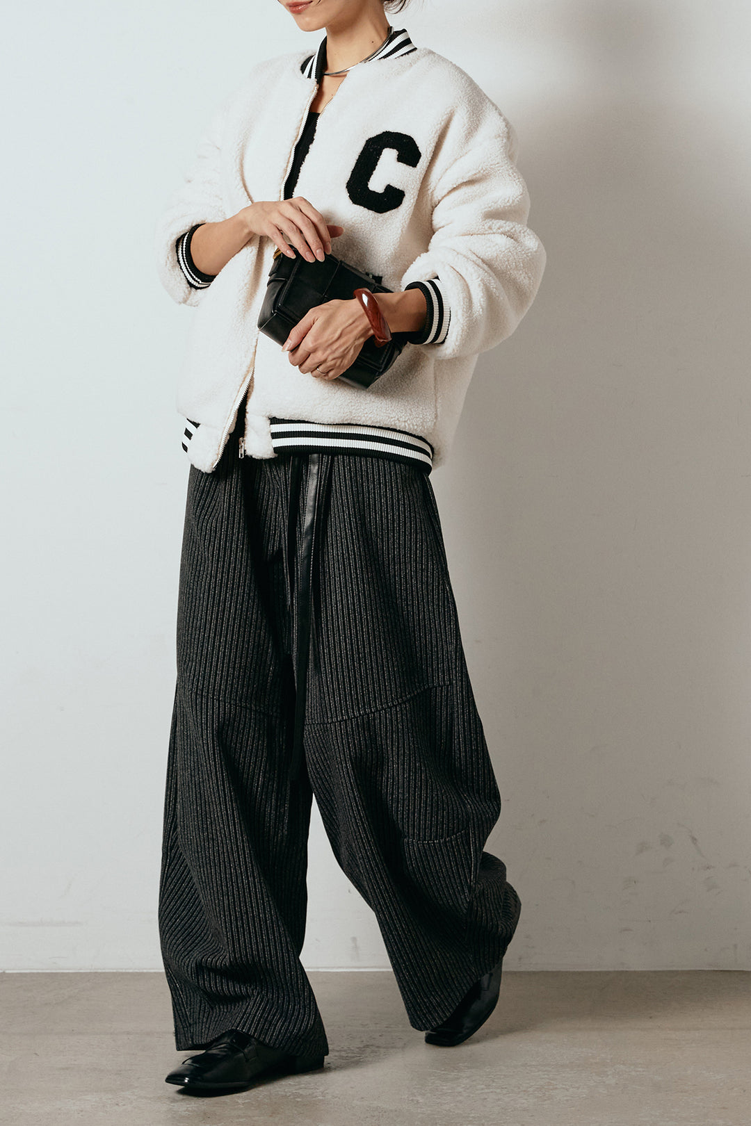 [SET]ロゴスタジャンボアブルゾン+レザーライク配色ストライプパンツ(2set)