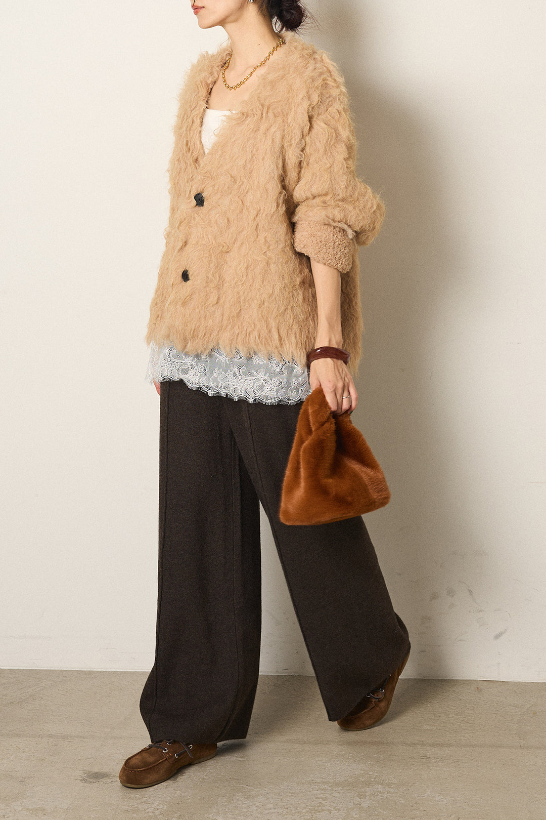 [SET]起毛シャギーニットカーディガン+センターラインニットパンツ(2set)