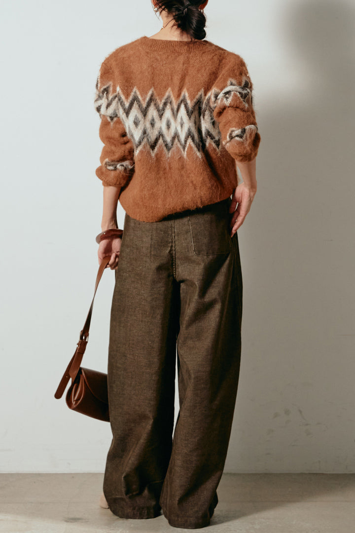 [SET]起毛ノルディック柄ニットカーディガン+フロントタック入りコーデュロイパンツ(2set)