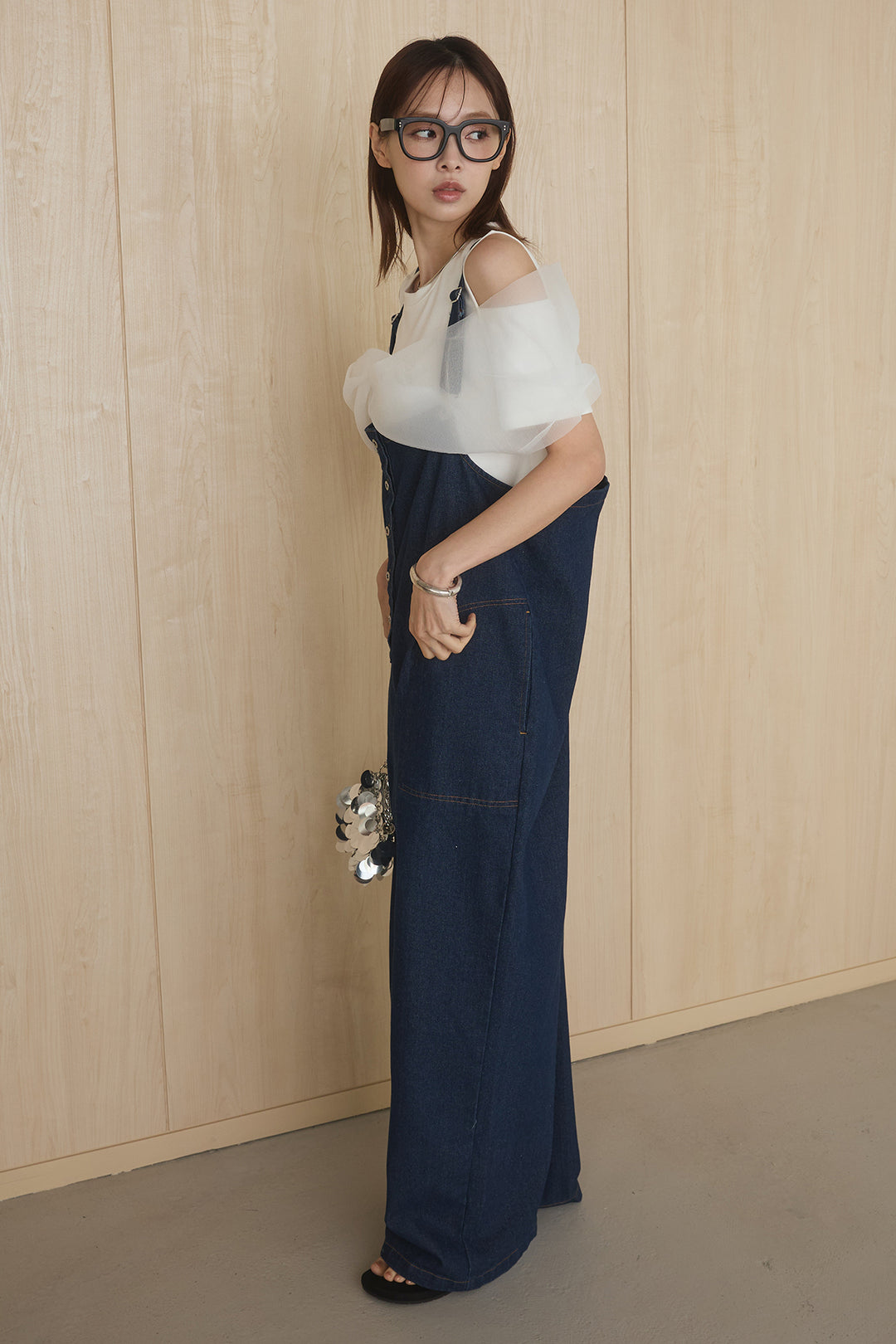 [SET]シアーレイヤーデザインカットソー+フロントボタンデニムサロペット(2set)