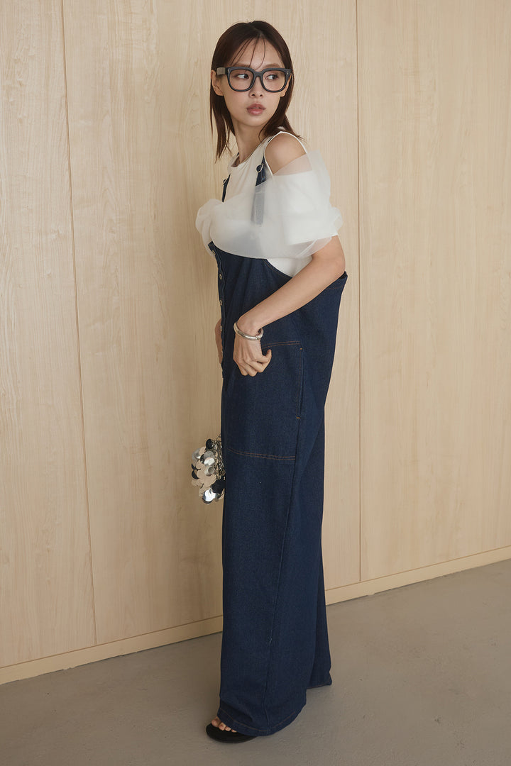 [SET]シアーレイヤーデザインカットソー+フロントボタンデニムサロペット(2set)