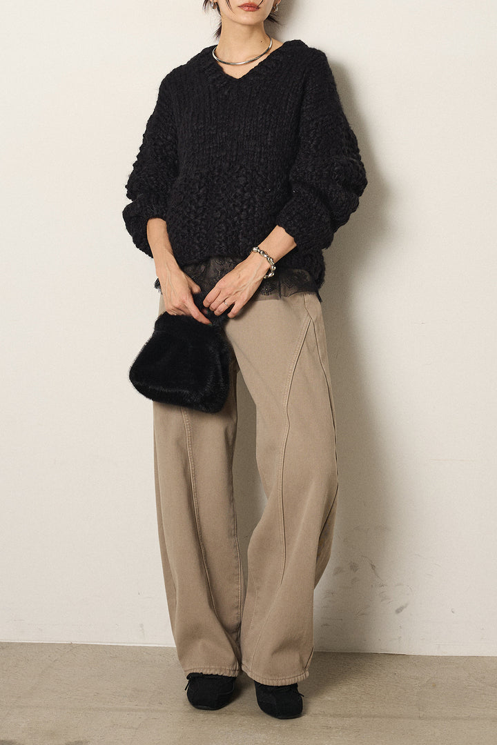 [SET]Vネックハンド編みニットトップス+ベルト付きカジュアルカーブワイドパンツ+レース切り替えキャミソール(3set)