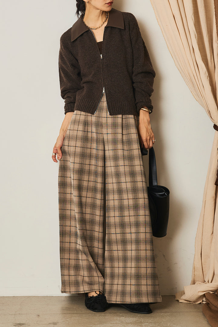 [SET]杢ストレッチフェイクレザー衿ニットブルゾン+タック入りタータンチェックワイドパンツ(2set)