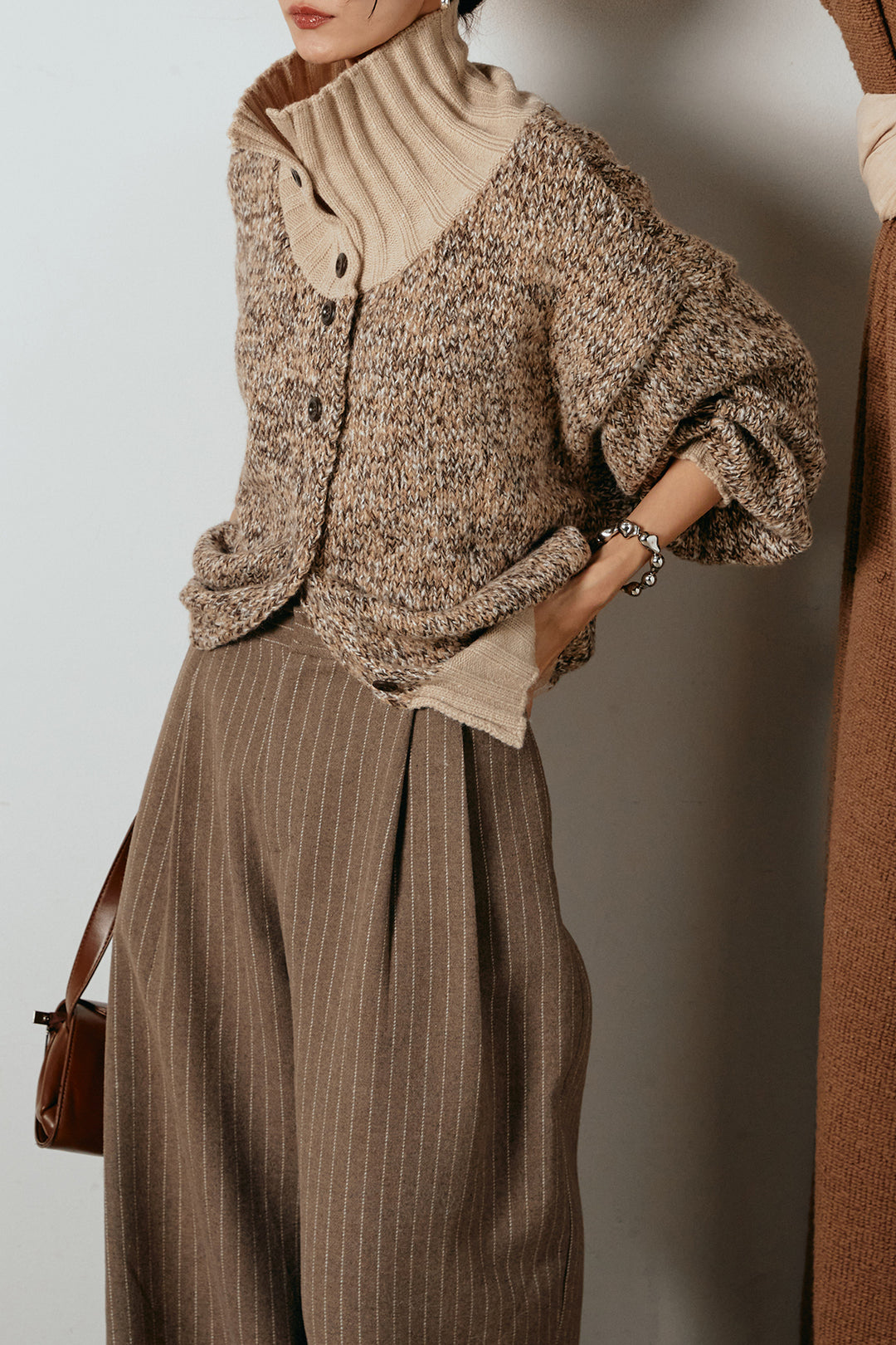 [SET]ハイネックミックスニットカーディガン+ウールライクストライプパンツ(2set)