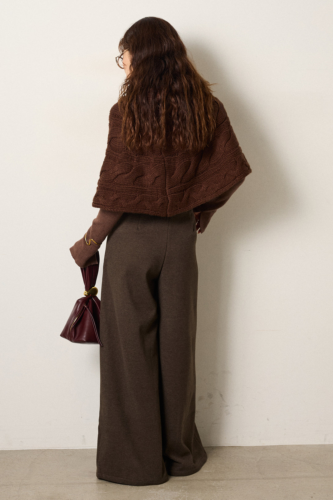 [SET]ケーブル編みケープレイヤードニット+サイドベルトパンツ(2set)